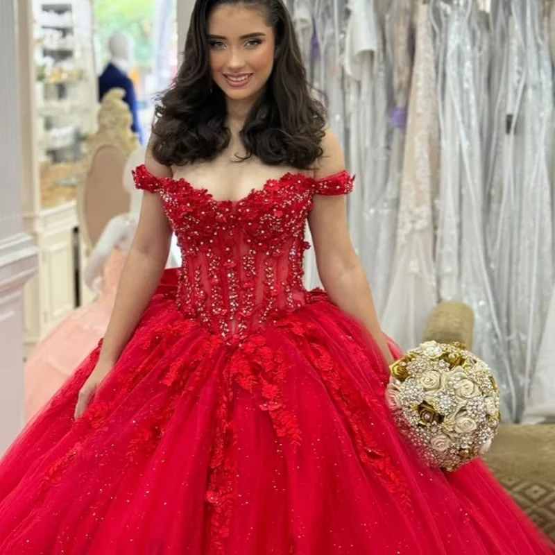 

Customized Shiny Red Quinceanera Dresses Off the Shoulder sequin applique Tull 3D flower Long tail Bow Vestido 15 Quinceanera