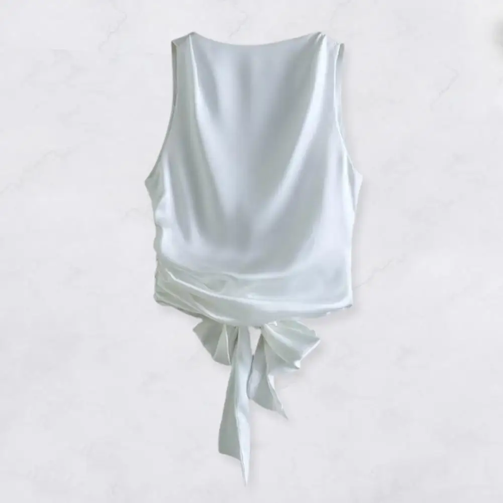 

Solid Color Bow Tie Tank Elegant Satin Texture Vest Tops with Bow Tie Closure for Women Chic Summer Fashion Backless Style