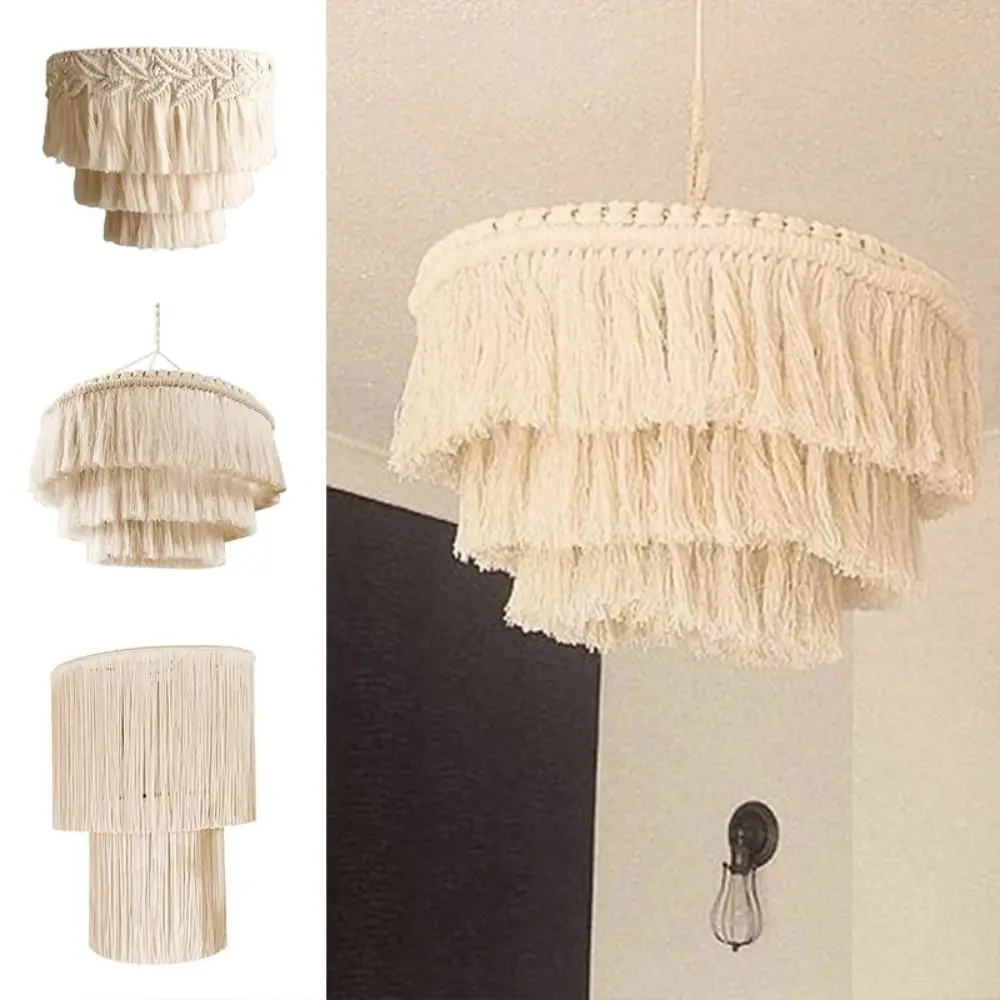 Handwoven Woven Tapestry Lampshade Rustic Exquisite Macrame Tassel Lamp Shade Creative Vintage Hanging Light Cover Restaurant