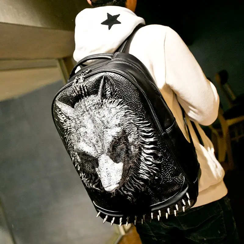 Men Women Thick Leather Backpack Wolf Embossed 3D Punk Rock Gothic Backpack Rivets Travel Rucksack School Book Shoulder Bag