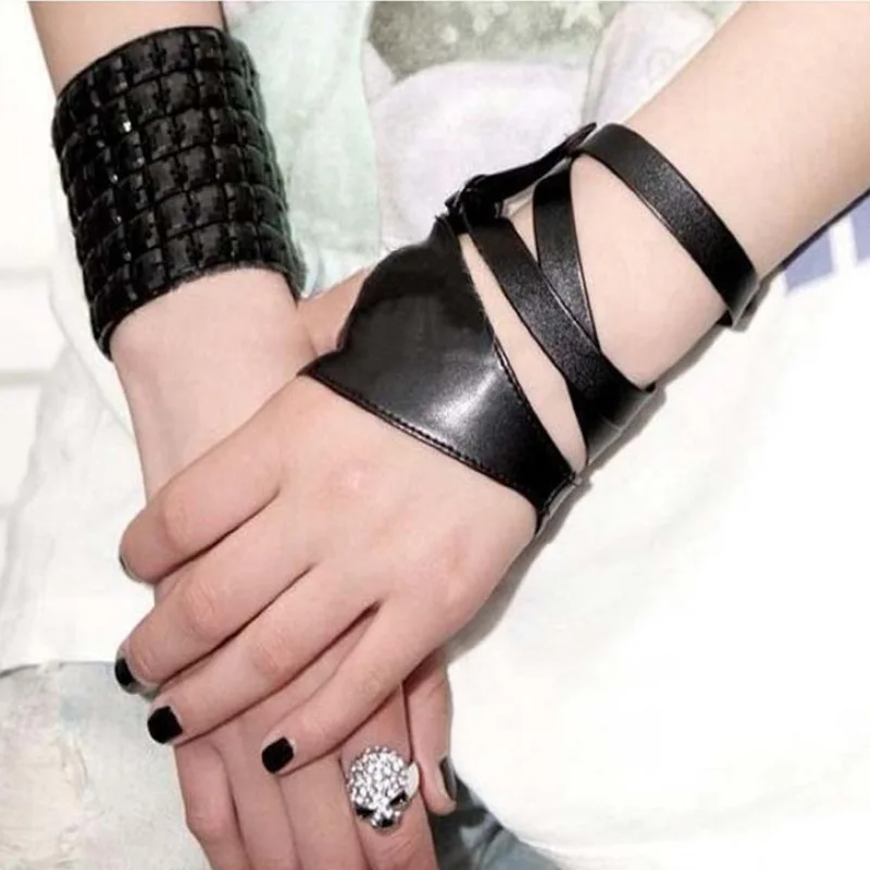 Stage Performance Leather Bandage Lacing Women's Half-Finger Gloves Nightclub Dance Fashion Personality Punk Style