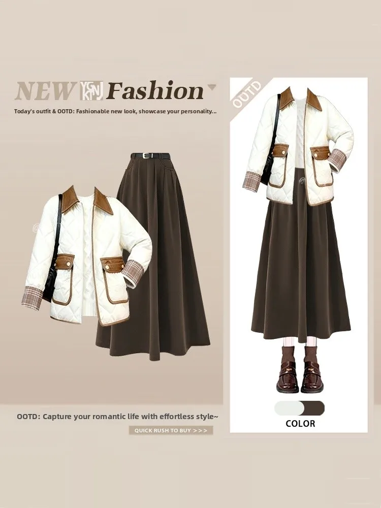 

Retro Patchwork Cotton Jacket Skirt Set Women's Autumn Winter High Waist Midi Skirt Two-Piece Set Youthful College Style