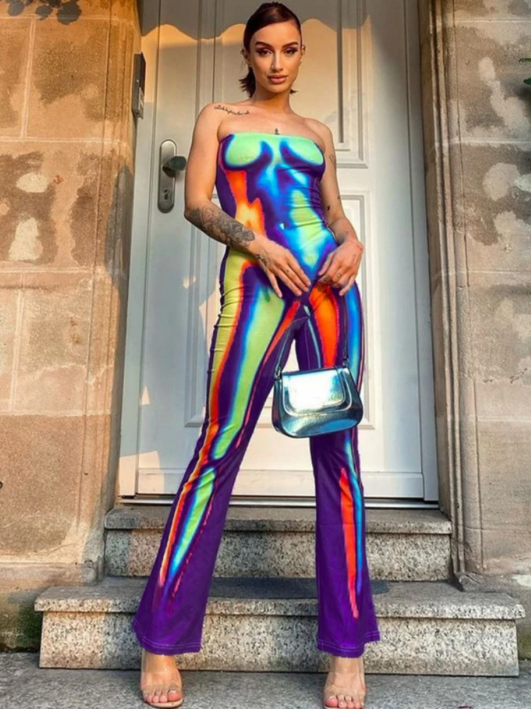 WeiYao Thermal Imaging 3D Printed Fashion Jumpsuit Women Sleeveless Strapless Multi-color Slim Fit Jumpsuit Cusual Streetwear