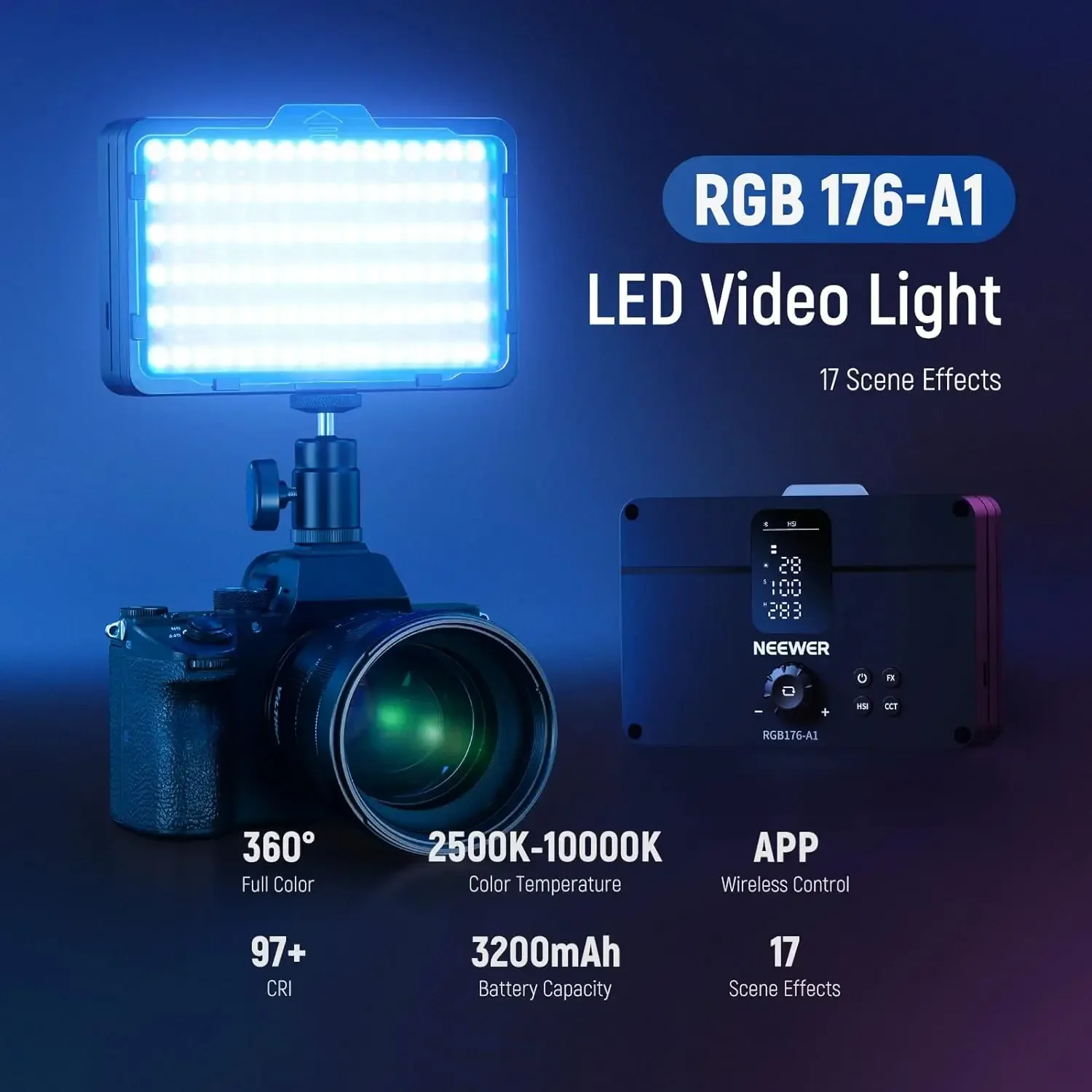 New NEEWER RGB 176-A1 LED Video Light Panel 17 Scenes CRI97+ 2500K-10000K 10W Portable On Camera Light For Photography