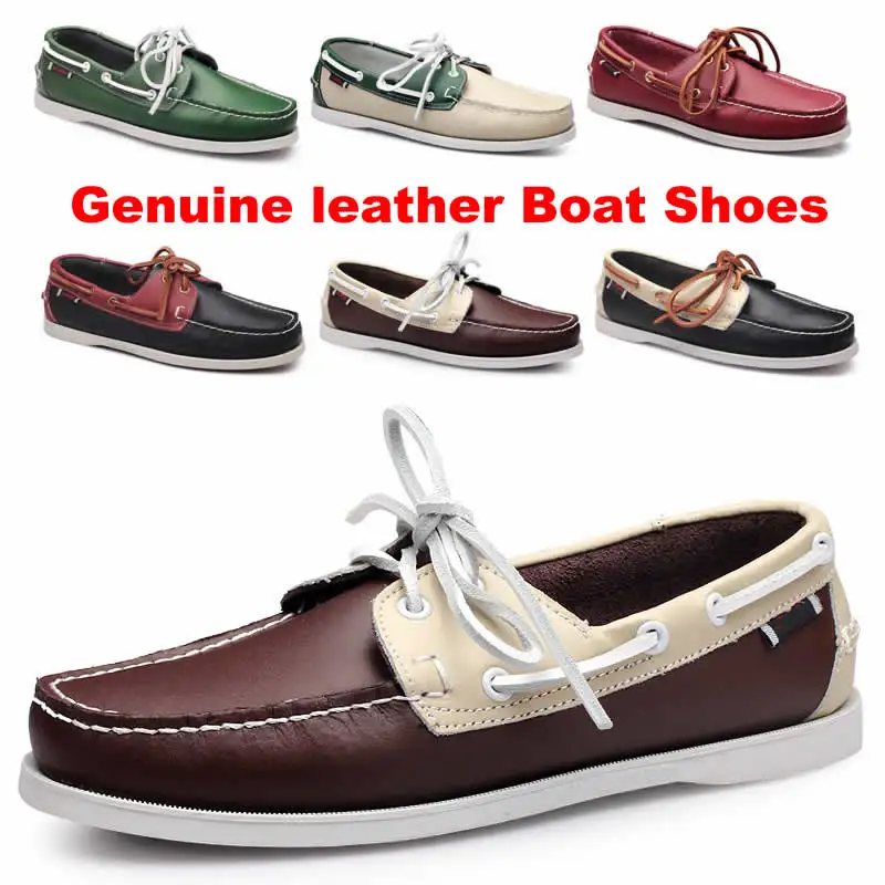 Genuine Leather Classic Docksides Boat Shoes Mocassins Shoes Handmade Shoes Mens Casual Non-Slip Rubber Outsoles