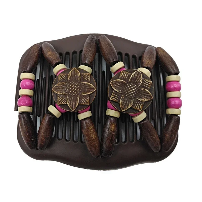 أمشاط شعر بلاستيكية سهلة المشبك، أمشاط تمديد مزدوجة مع خرزة خشبية، زهرة، إكسسوار للشعر لأنماط الشعر، شعر كثيف ورقيق