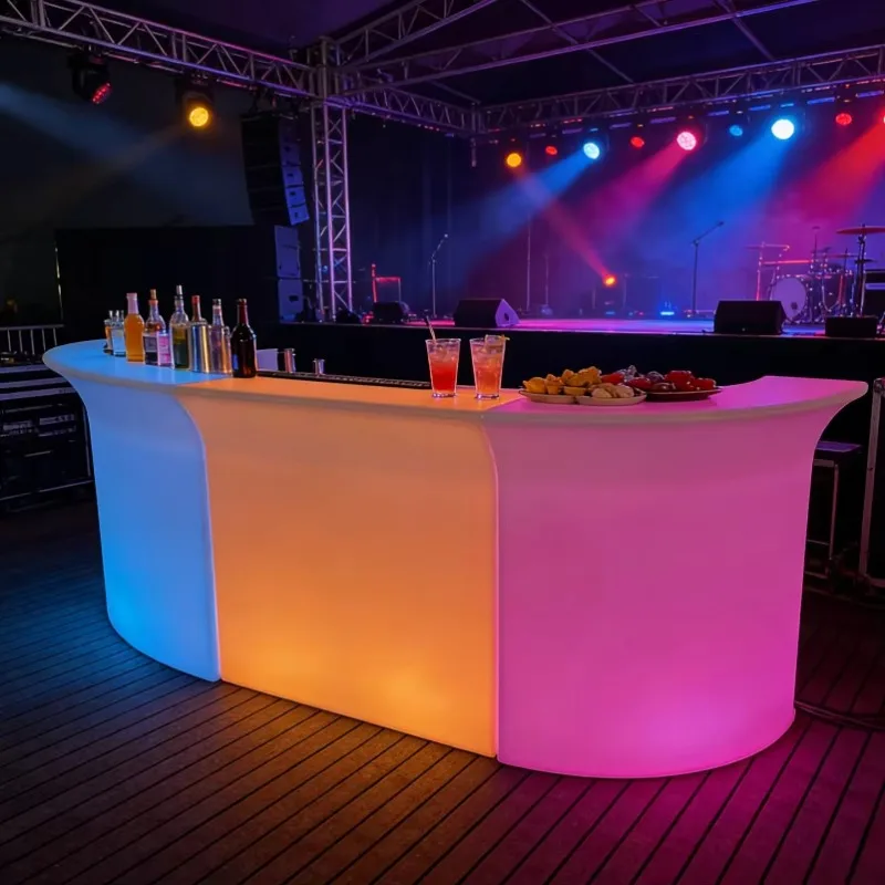 Modern LED Light Plastic Bar Tables Rechargeable Furniture for Hotels Malls Elegant Cocktail Coffee Shops Bar Counter Design