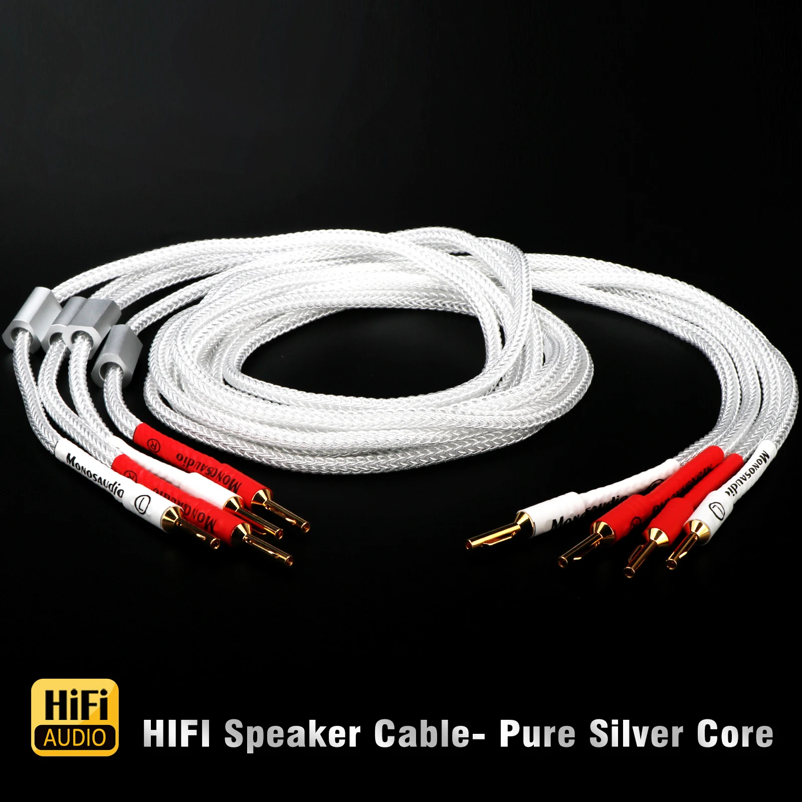 Pair 16 Cores Banana Speaker Cable Pure Silver Pure Solid Silver Speaker Wire with Pure Copper Banana Plug for Amplifiner DAC