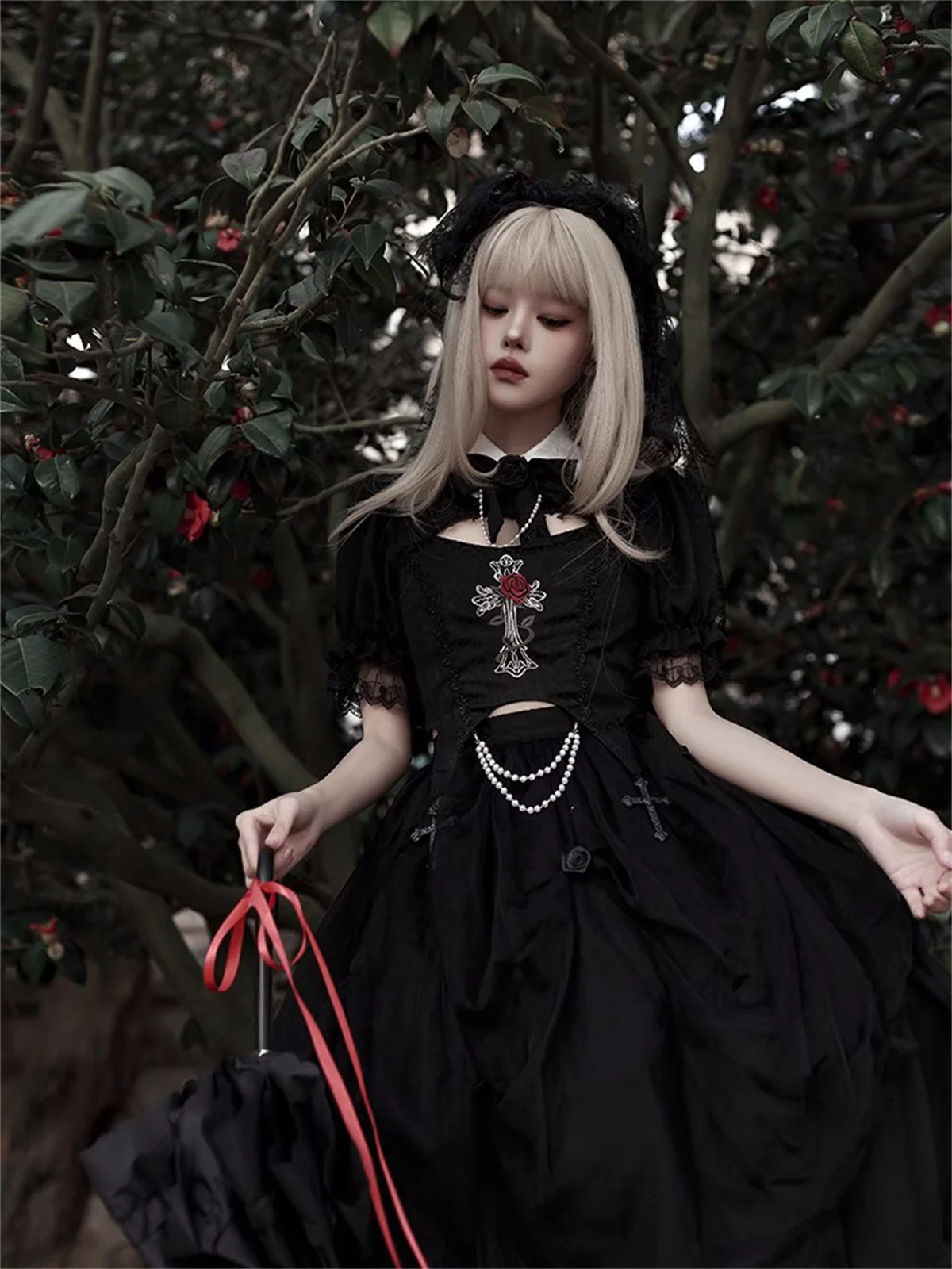 French Vintage Elegant Gothic Style Cosplay Lolita Sweet Girls Op Dark Embroidery Cross Rose Flower Pearls Chain Tunic Dress