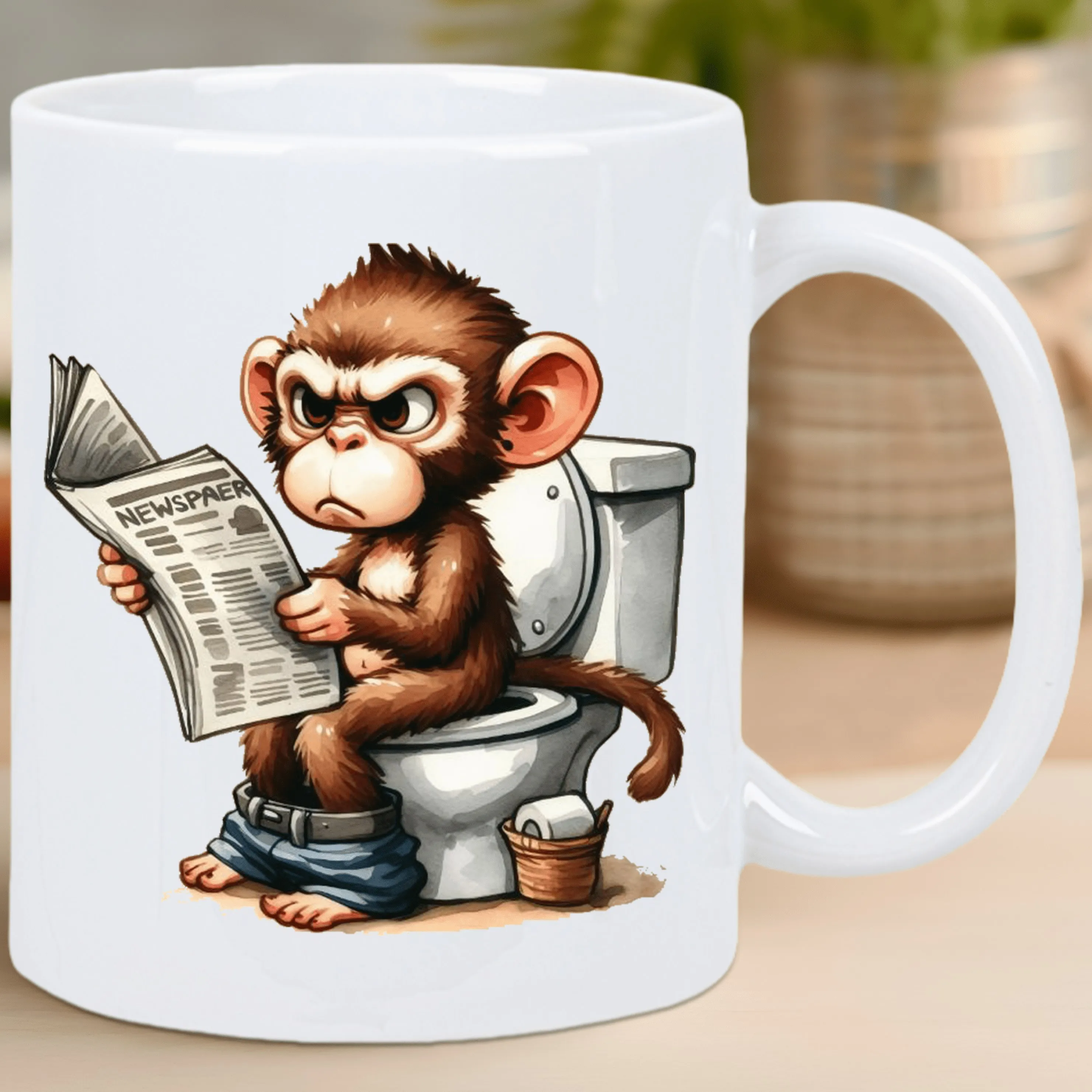Funny Monkey on Toilet Ceramic Coffee Mug – Reusable, Hand-Wash Only – Humorous Cartoon Design with Detailed Illustration