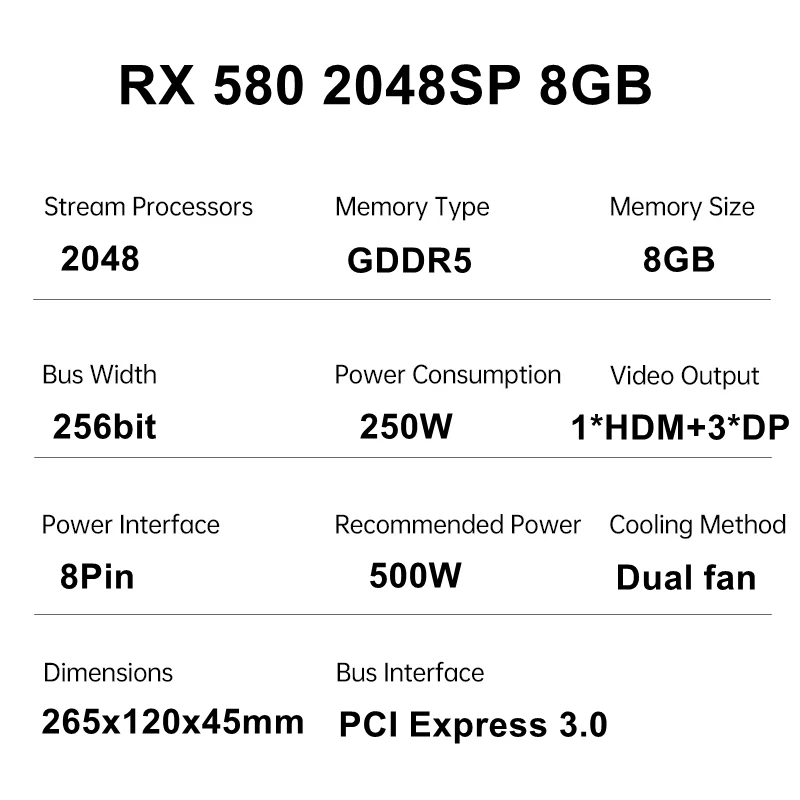 بطاقات رسومات Kllisre بيضاء RX 580 8GB GDDR5 GPU بطاقة فيديو 256Bit 2048SP كمبيوتر RX580