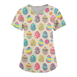 Scrub Medical Woman Easter Egg Prints Spa Vet Nurse Fashion V-Neck Short Sleeve Patch Pocket Microelastic Clinical Uniform Woman