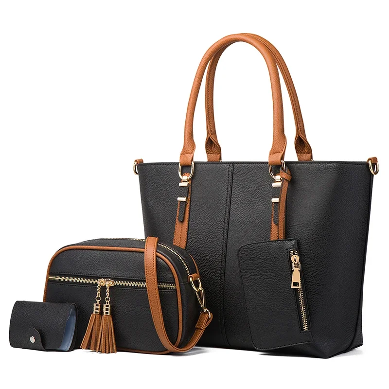 

TRAVEASY 2024 Designer 4 Pcs Women Bags Set Solid Color Zipper Vintage Ladies Brand Purses and Handbags Composite Bag