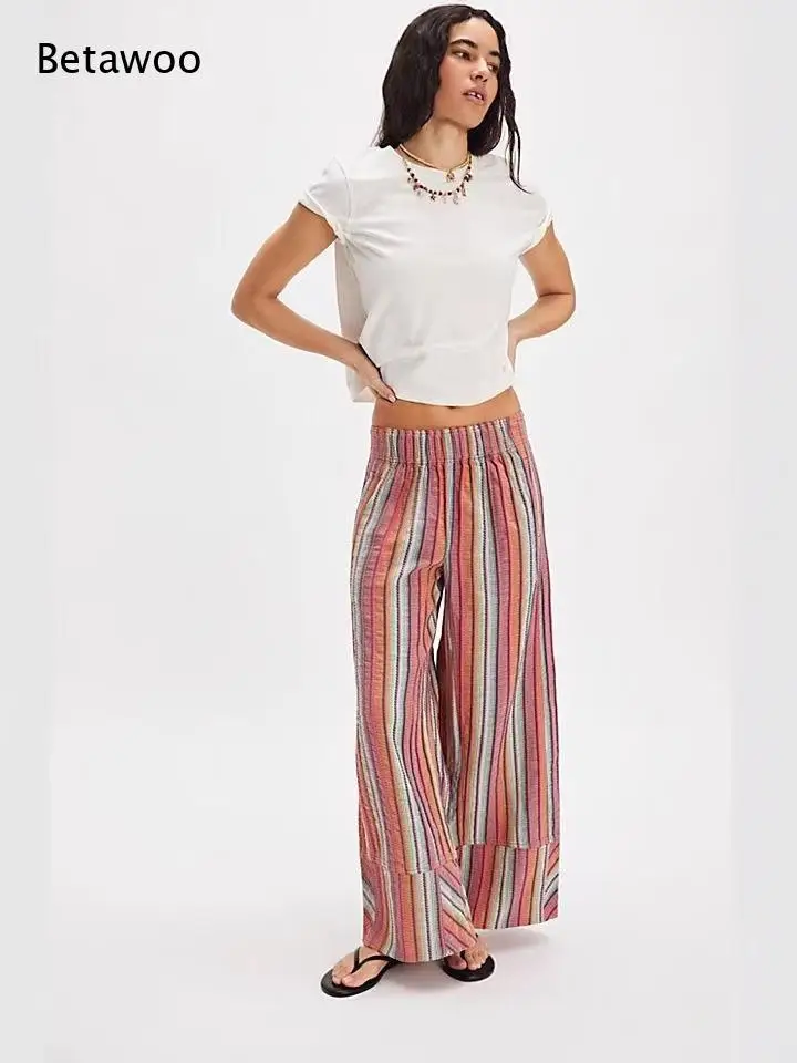 Striped Elastic Waist Wide Leg Beach Pants Lightweight Breathable Fabric Loose Fit for Vacation Beach Casual Outfits