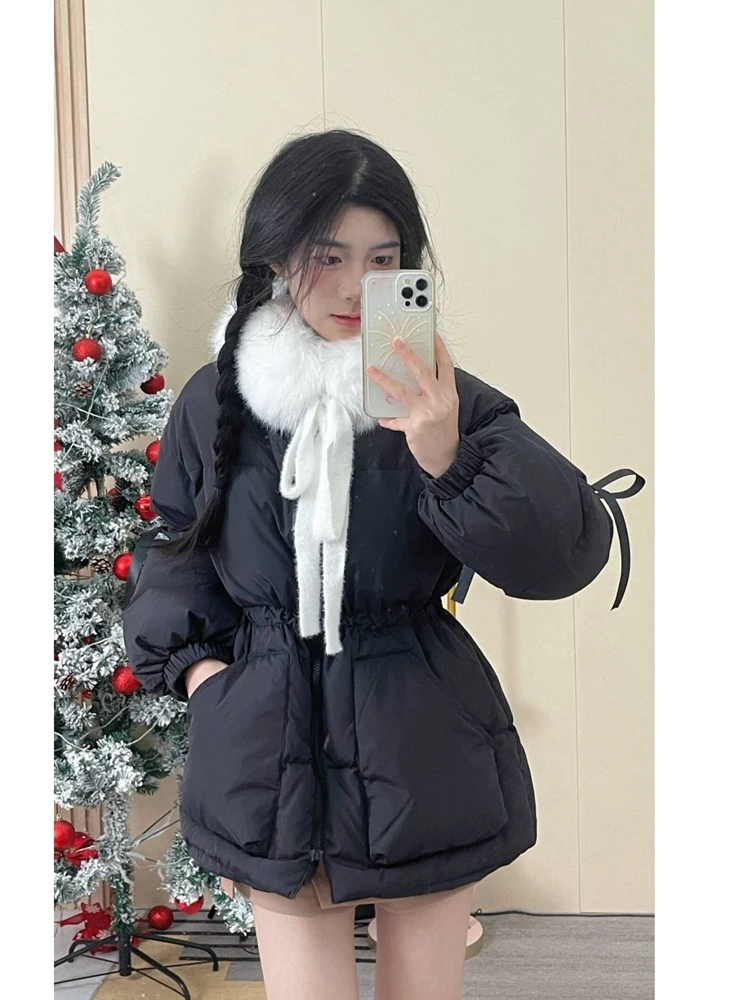 

Sweet Sle Women's down Jaet White Du Feather Coat Winter 2024 New Design Belted Fur Collar Scarf Zipper Closure ort