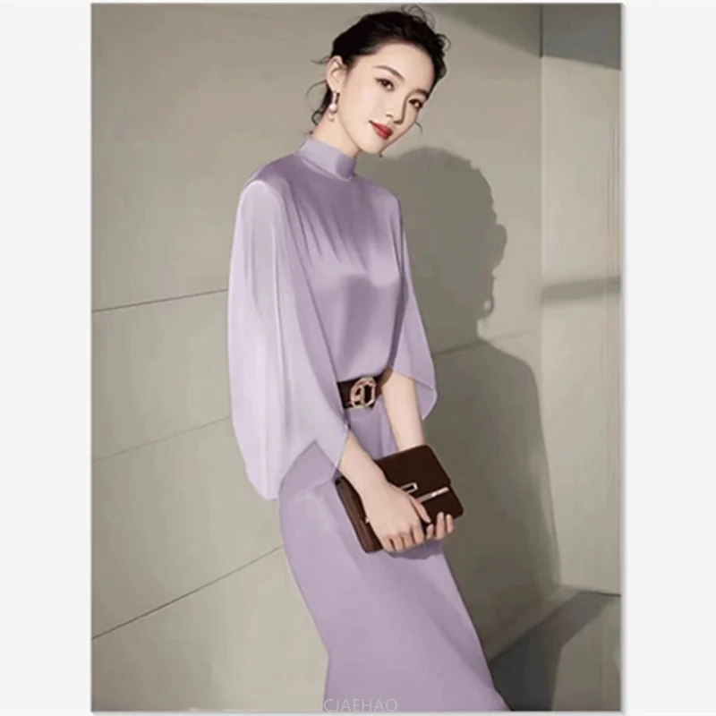 

2025 Women's French Elegant Party Outfits New Fashion Stand Collar Blouse + Temperament Bag Hip Midi Skirt Suit 2Pcs Set Autumn