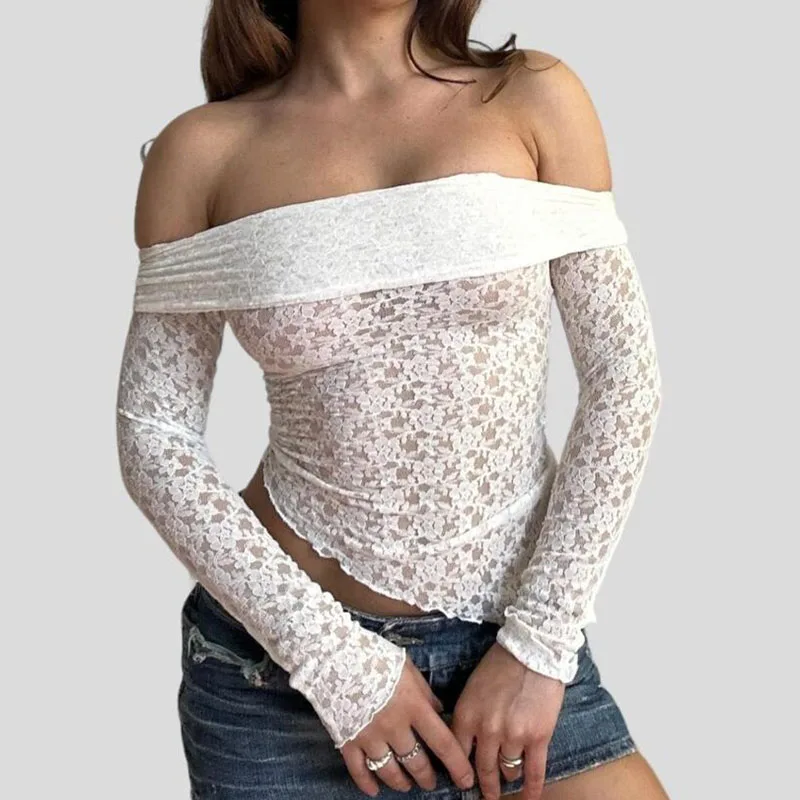Maemukilabe Off Shoulder T-shirt Sexy Backless Long Sleeve Slim Fit Tees Chic Women Elegant Vintage Crop Tops Y2K Fairy Coquette