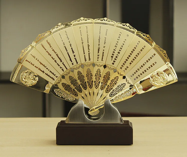 TOP COOL foreign business gift with box CHINA National Treasure Panda ART gilding fan copper statue --Collector Edition-- GOOD