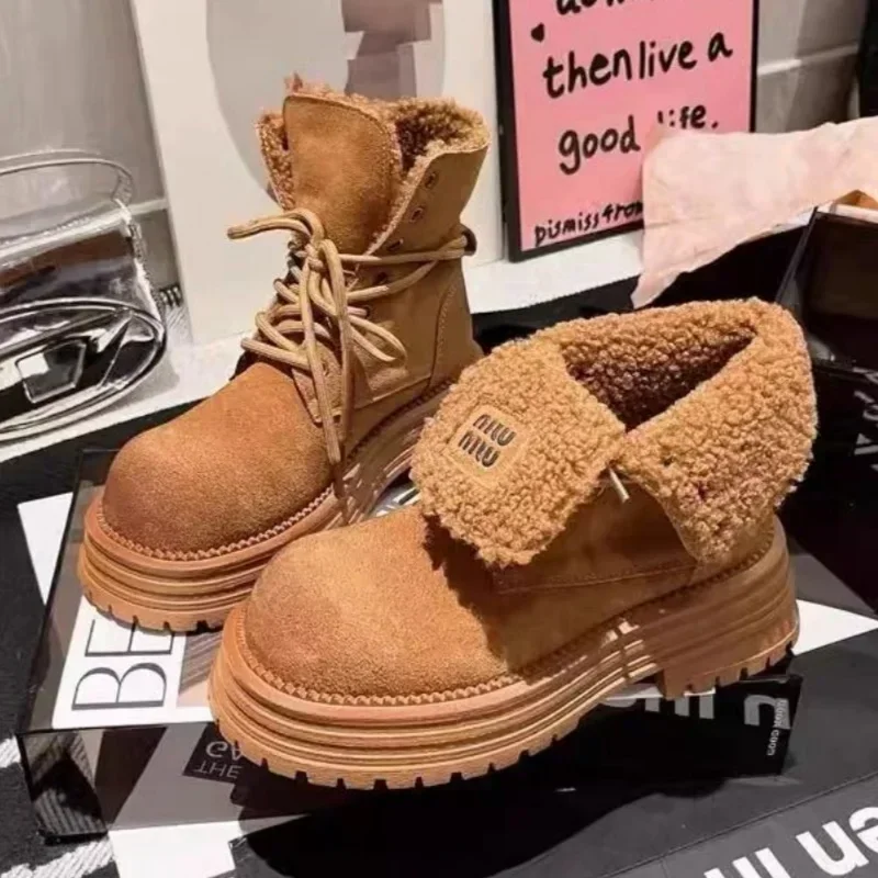 Botines de nieve con plataforma para Mujer, zapatos planos de ante y piel, calzado deportivo cálido de felpa, estilo Chelsea, invierno, 2025