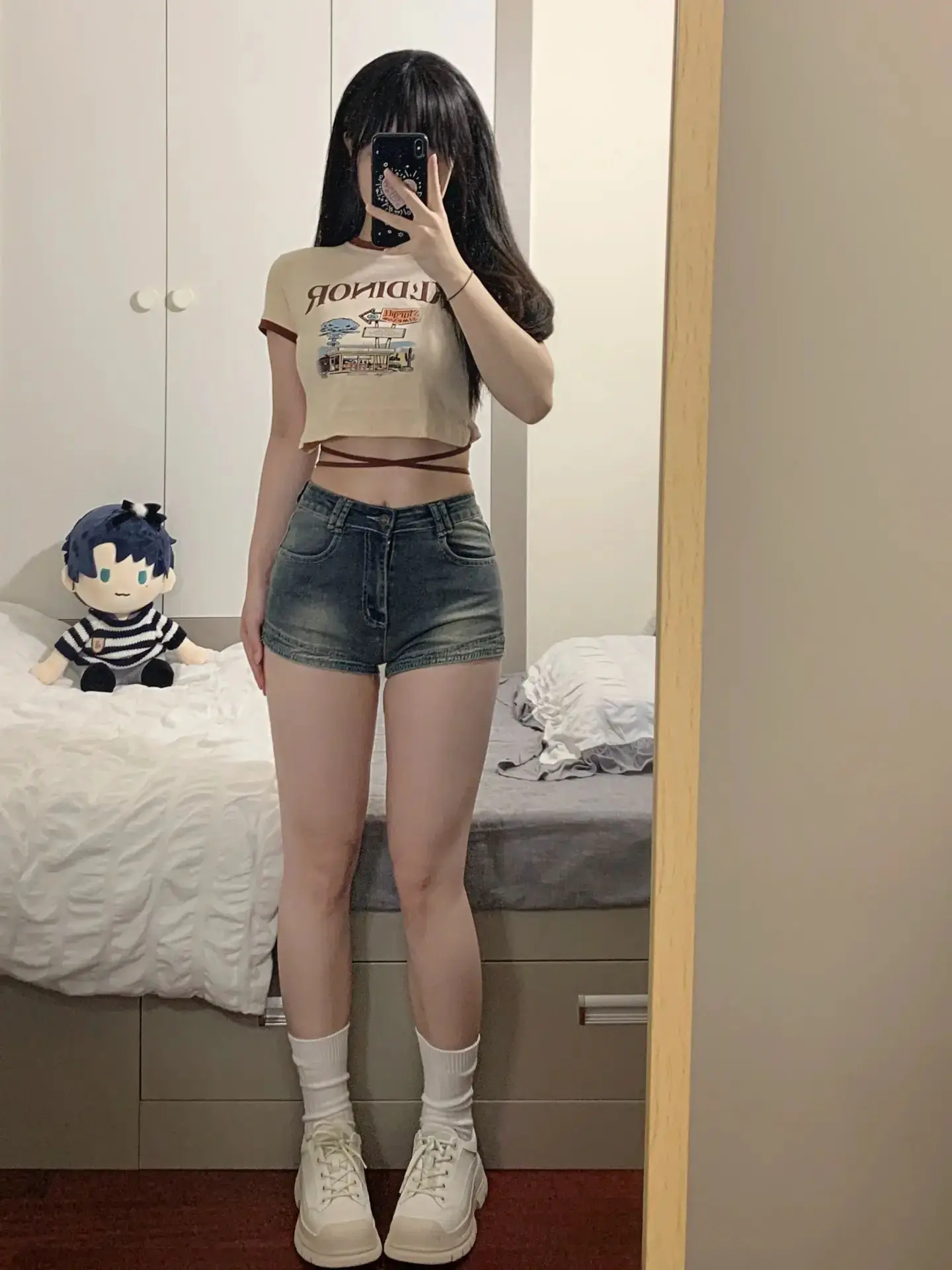 

Retro American Distred Denim orts Women's Spring Hot Pants High Waist Slimming Straight Leg Wide Leg Trendy Jeans