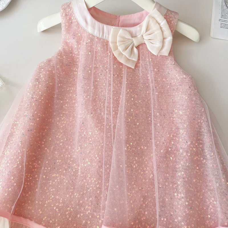 2024Summer New Girls' Sleeveless Bow Mesh Dress Girls' Cute and Graceful Children Princess Dress