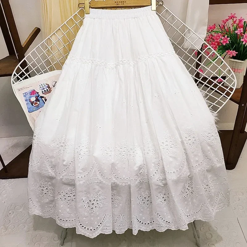 Sweet Cotton Embroidered Floral Lace A-line Long Cotton Skirts Black White