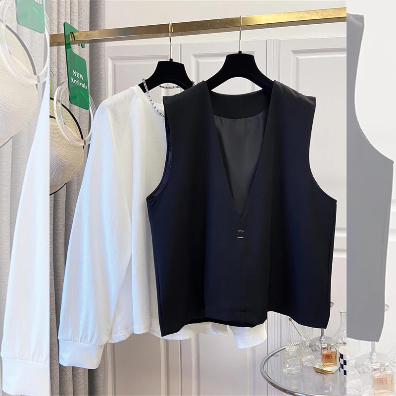 SuperAen Spring New Women's Oversized Pullover White Long-sleeved T-shirt Design Loose-fitting Sleeveless Tops Sets view 2