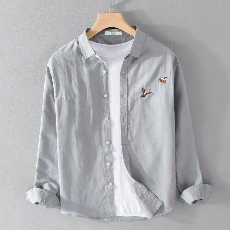 Casual Loose Men's Long Sleeve Shirt Summer Thin Cotton Linen Embroidered Top Trendy Fashion Urban Style All Seasons