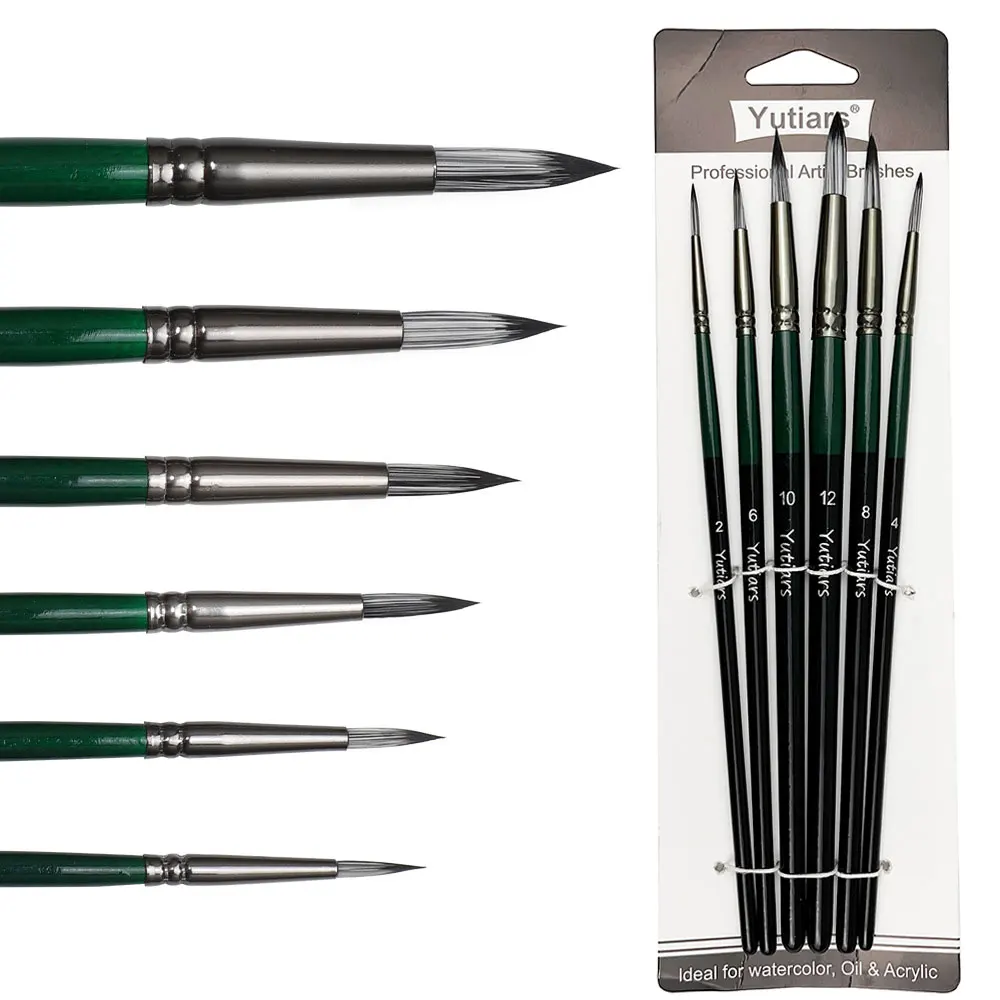 

6 шт. профессиональные круглые нейлоновые кисти для рисования, кисти для защиты от выпадения с деревянными ручками для акрила, масла, акварели