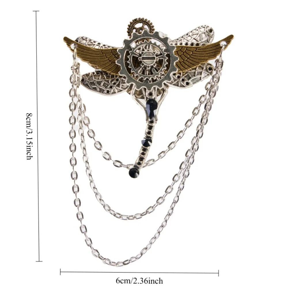 Steampunk Mechanical Wind Dragonfly Brooch Gear Hollow Chain Pendant Pin Shirts Suits Niche Personalities Punk Accessories
