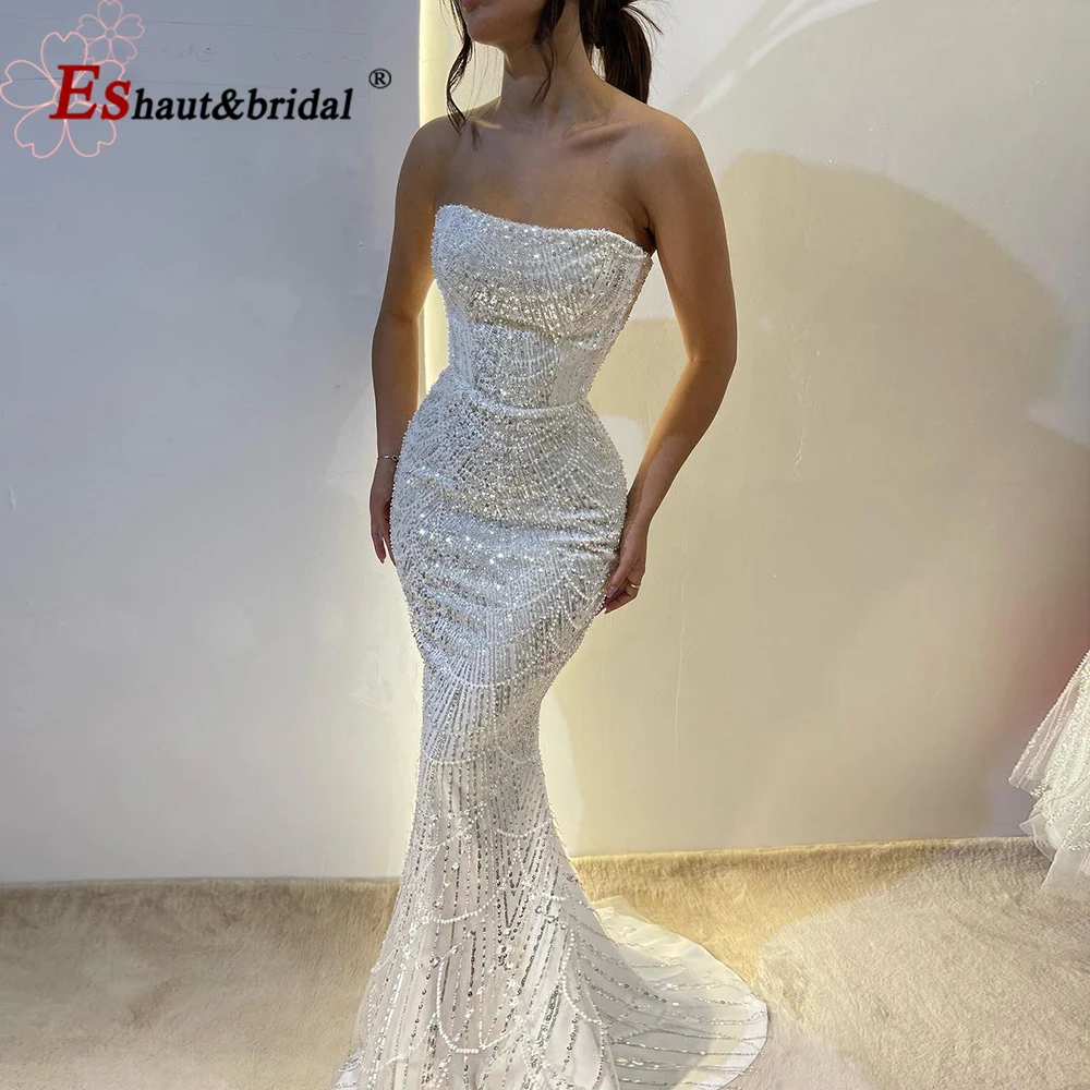 Luxury Dubai Arabic Mermaid Evening Dress for Women 2024 Elegant Strapless Pearls Long Formal Prom Wedding Party Gown Customized