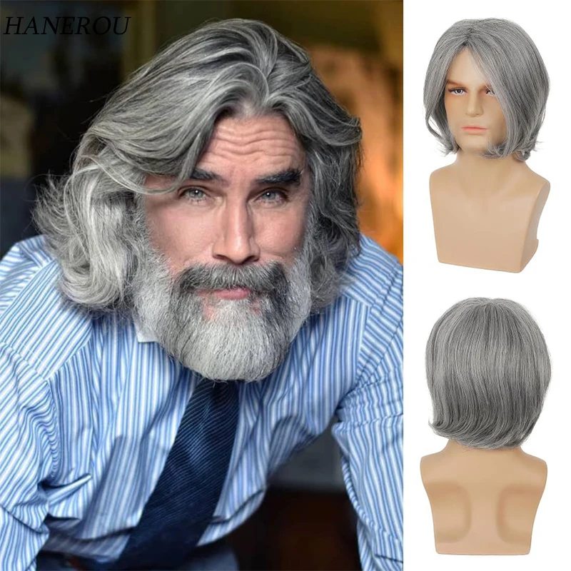 Synthetic Straight Sliver Gray Wigs with Middle Part Bangs for Men Daily Wear Fake Hair Heat Resistant