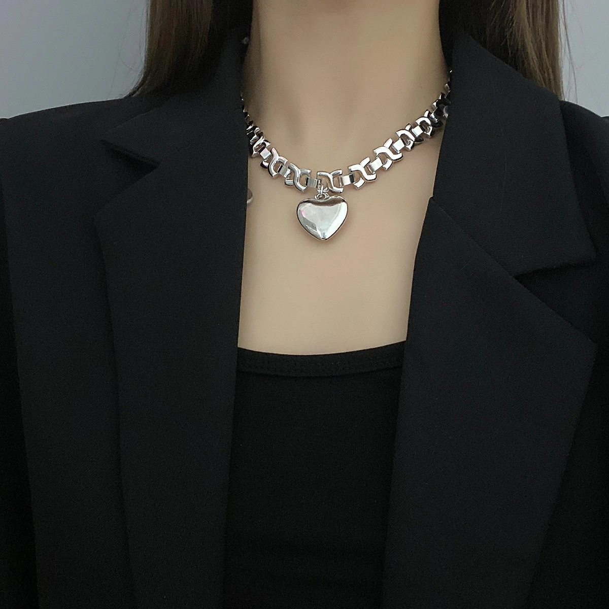 Flashbuy Handmade Heart Pendant Necklace For Women Hip Hop Silver Color Geometric Alloy Chain Necklace Jewelry