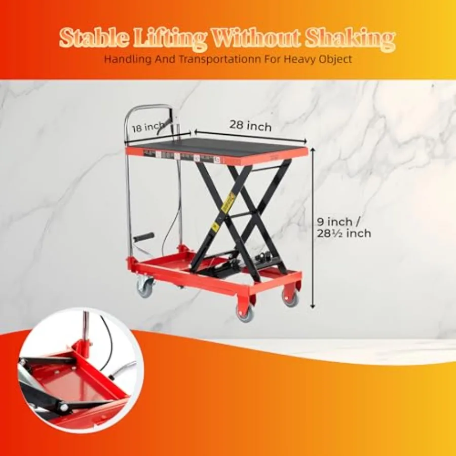 Hydraulic Lift Table Cart 500LB Capacity with Adjustable Lifting Height from 9 to 28.5 Inches Scissor Design Featuring Locking