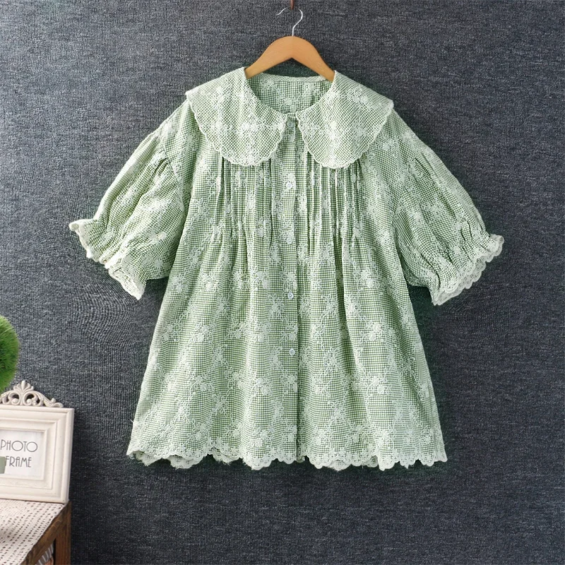 

Summer Japan Style Mori Girl Embroidery Cotton linen Shirt Women Kawaii Cute Short Sleeve Peter Pan Collar Casual Blouse Tops