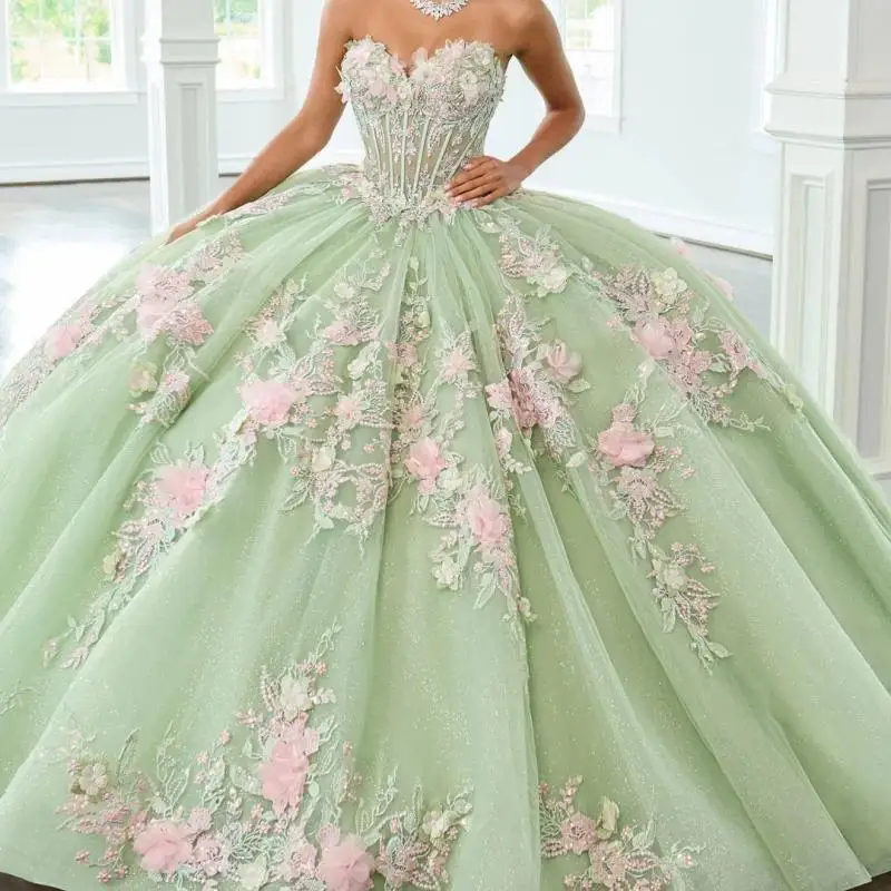 Abiti Quinceanera blu cielo personalizzati 2025 Applique Abito fiore 3D Abito da festa in tull lucido 16 Abiti da 15 anni