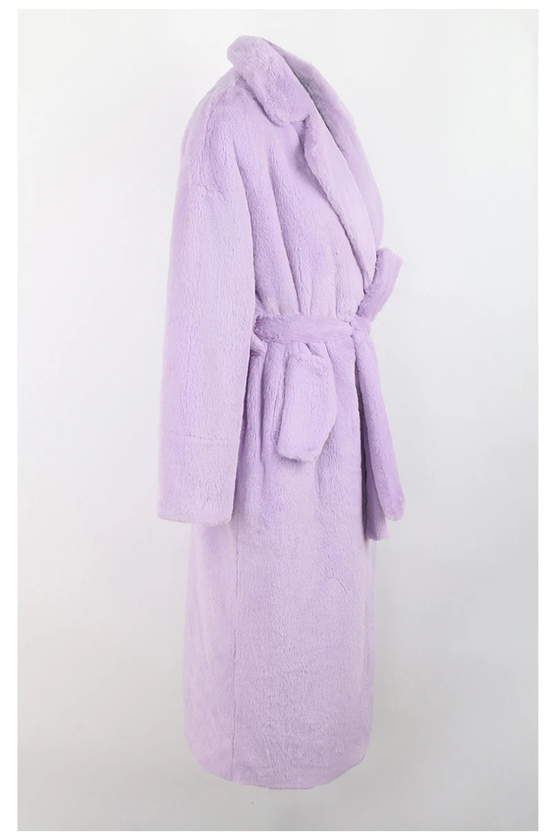 Women's Faux Fur Coat Light Purple Long Lapel Belt Bathrobe Style Faux Mink Coat Women