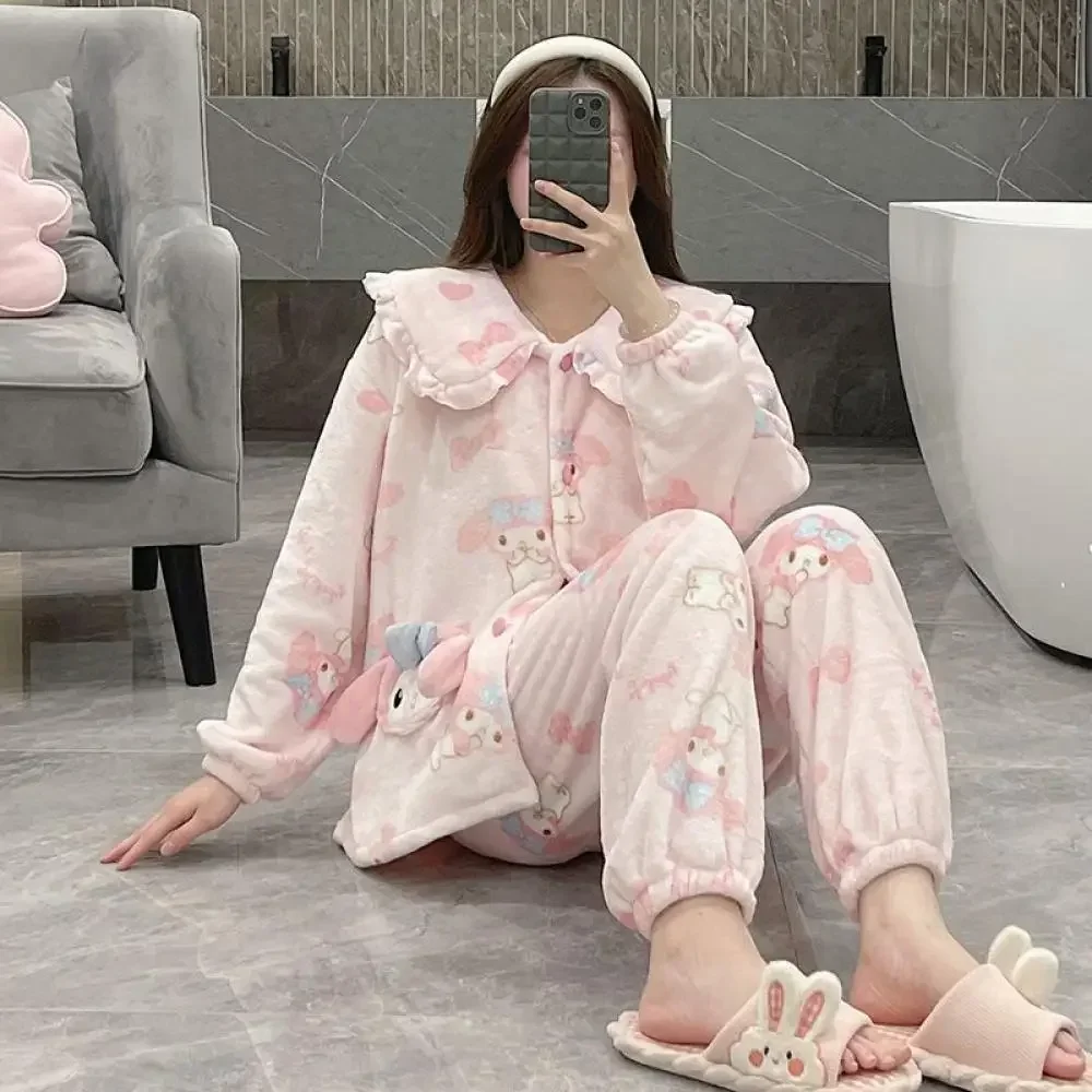 Kawaii Sanrioed 2 szt. Cinnamoroll piżama garnitur Homewear koralowy polar miękki kardigan Melody topy zestaw spodni kobiety pluszowa bielizna nocna