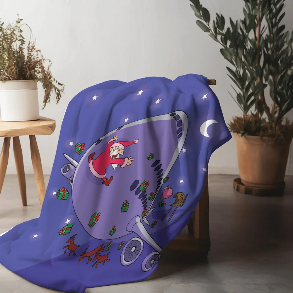 TU Santa Airplane Throw Blanket Cozy Christmas Holiday Home Decor Gift Festive Reindeer Travel Theme Soft Warm Fleece Throw