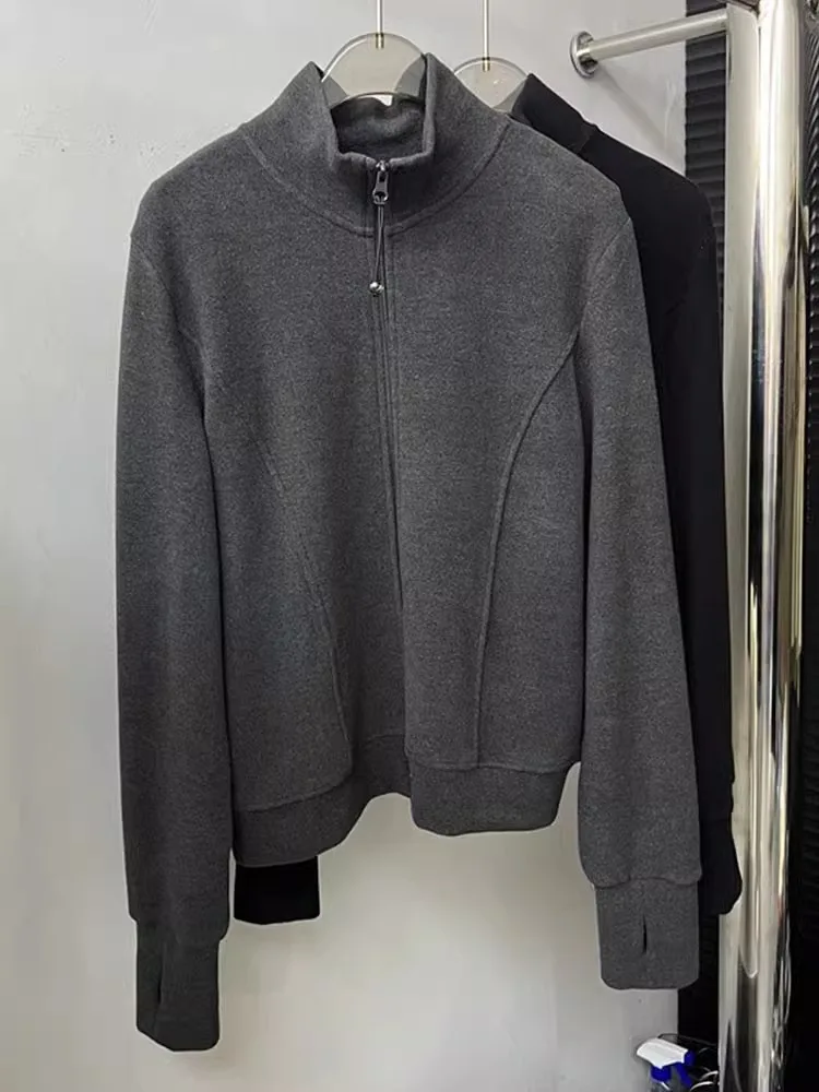 スリムフィットロングスリーブジッパーカーディガン女性の春秋の新作韓国版ダブルジッパースタンドカラースウェットジャケット