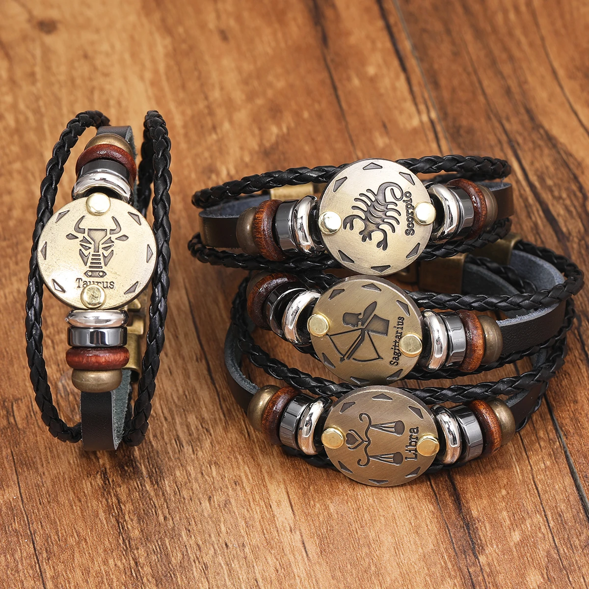 12 Constellation Bracelet Cowhide Jewelry Simple Retro Weaving Couple Genuine Leather Men's Bracelet Taurus 가죽동찌