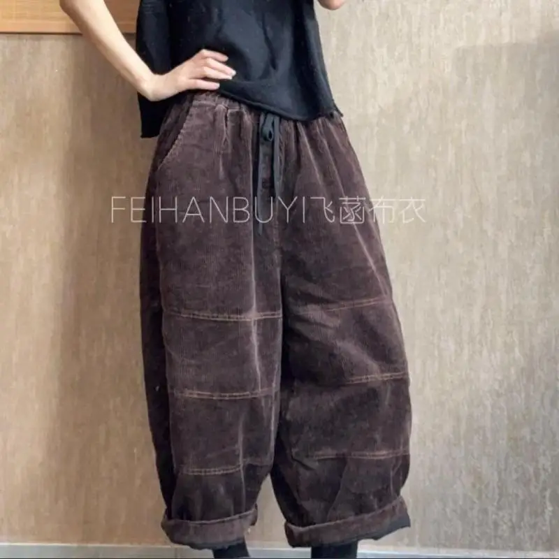 秋冬女性の弾性ウエストルーズカジュアル足首までの長さのパンツ高品質綿コーデュロイ厚みのあるヴィンテージワイドレッグパンツ