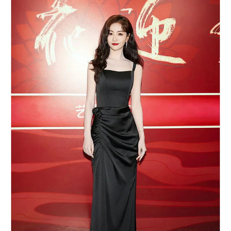 

Black spaghetti strap satin evening dress for women2025New High-End Light Luxury Niche High-End Banquet Elegant Socialite