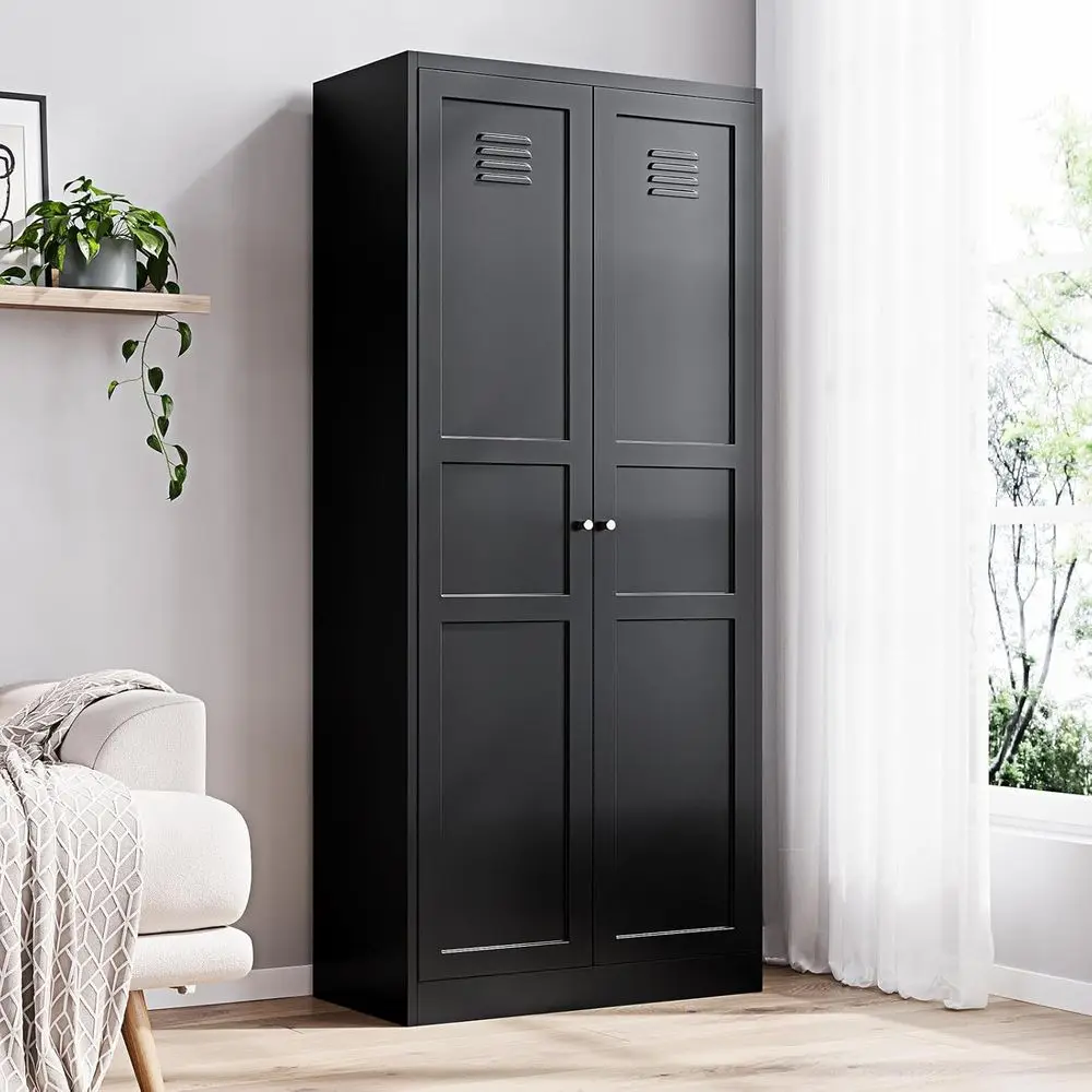

71 Tall Black Metal Kitchen Pantry Cabinet with 2 Doors and 5 Adjustable Shelves for Storage in Various Rooms