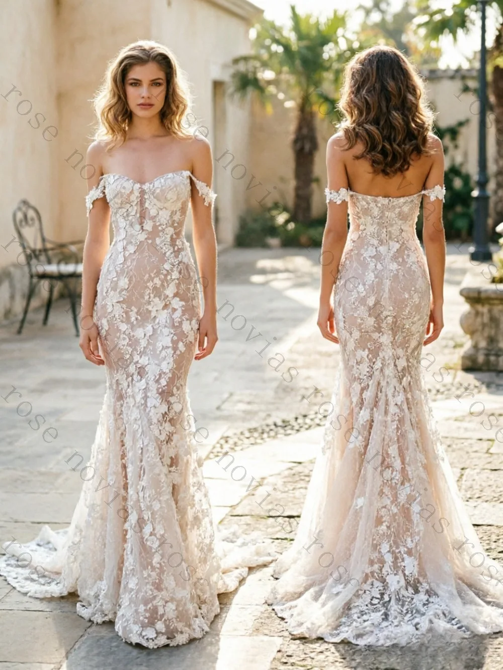Customized Off-the-Shoulder Sheer Mermaid Wedding Dress Full 3D Floral Lace Appliques Slim Fit Court Romantic Garden Bridal Gown