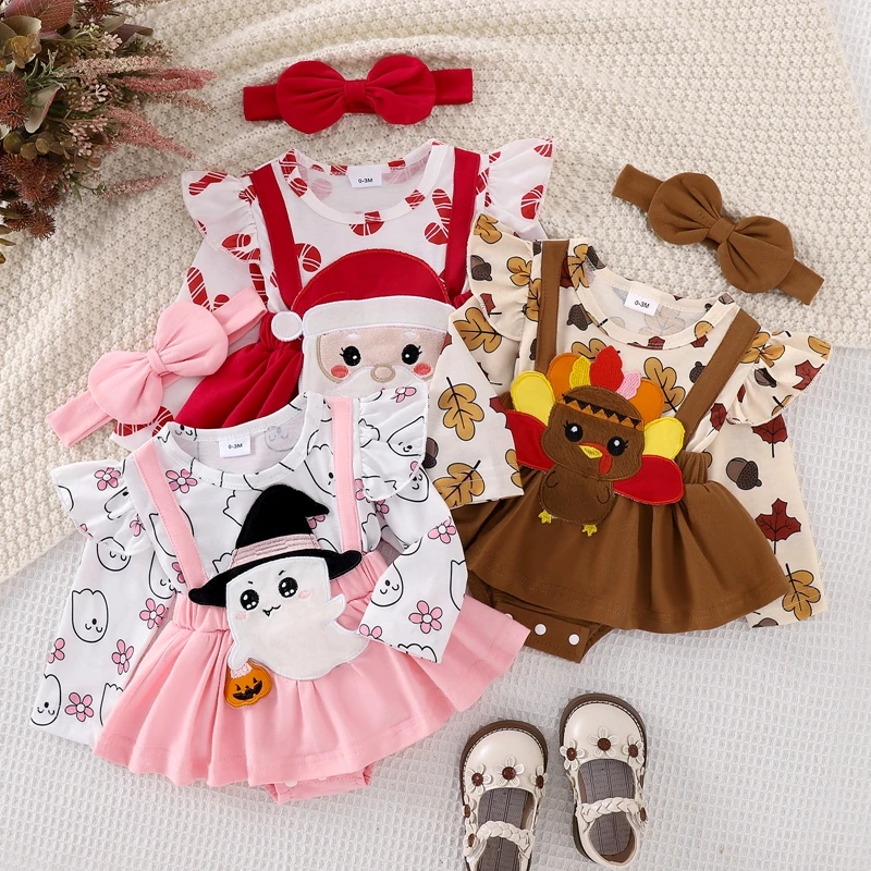 Infant Baby Clothing Girl Christmas Holiday Ruffle Trim Patch Long Sleeve Romper Dress Bow Headband Jumpsuit Xmas Clothes