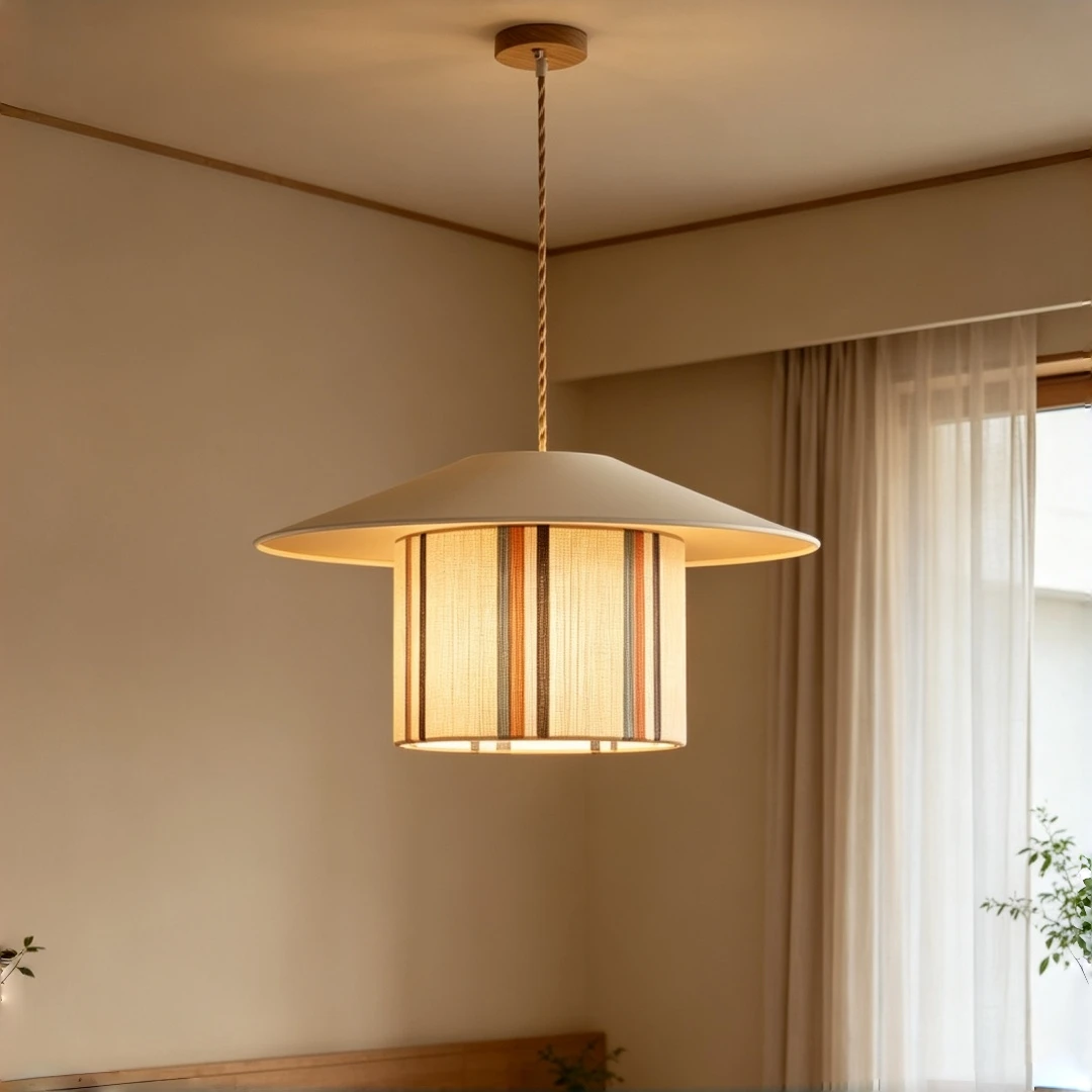 Wabi Sabi Striped Fabric Pendant Light Double Layer Wide Shade Hanging Lamp for Dining Room Kitchen Island Home Decor Lighting