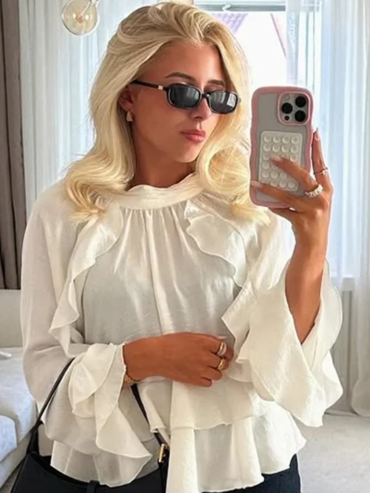 

White Layered Ruffle Shirt Lady Elegant Half-high Collar Full Sleeve See Through Loose Blouse 2026 New Lady Commute Office Top