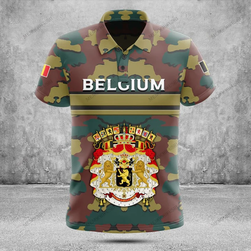 Custom Name Belgium Flag Graphic Camo Polo Shirt Summer Casual Men's Fashion Loose Cool Jersey Streetwear Short Sleeve Tops
