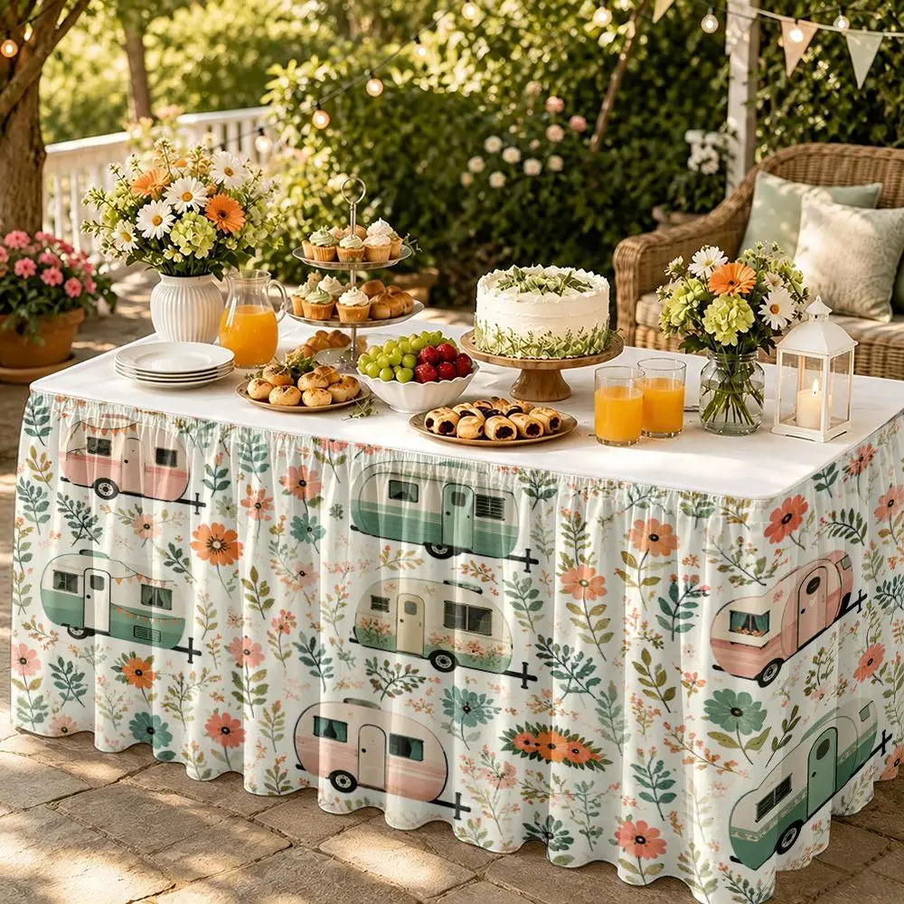 1 piece table skirt, 2D printed vintage camper floral pattern design, suitable for home decoration